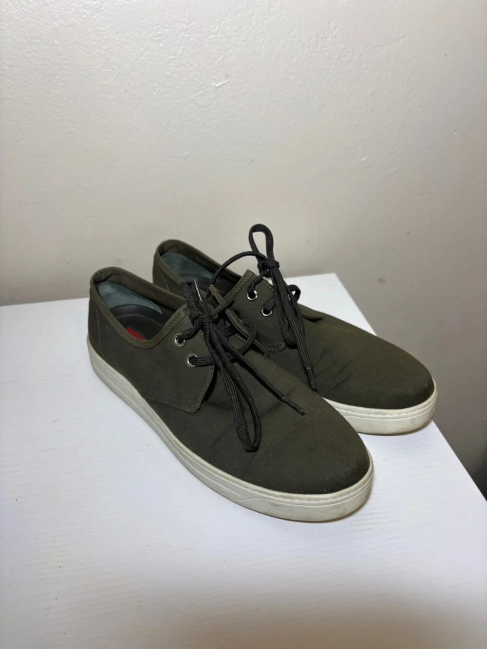 Prada Olive Canvas Low-Top Sneakers with White Sole